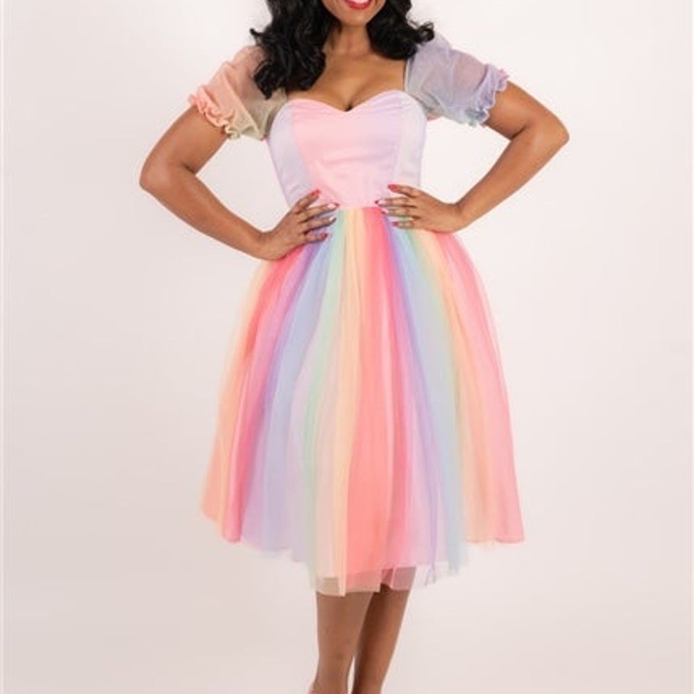 🦄 Collectif Skylar Pastel Rainbow Puff Sleeve Babydoll Swing Dress 🦄